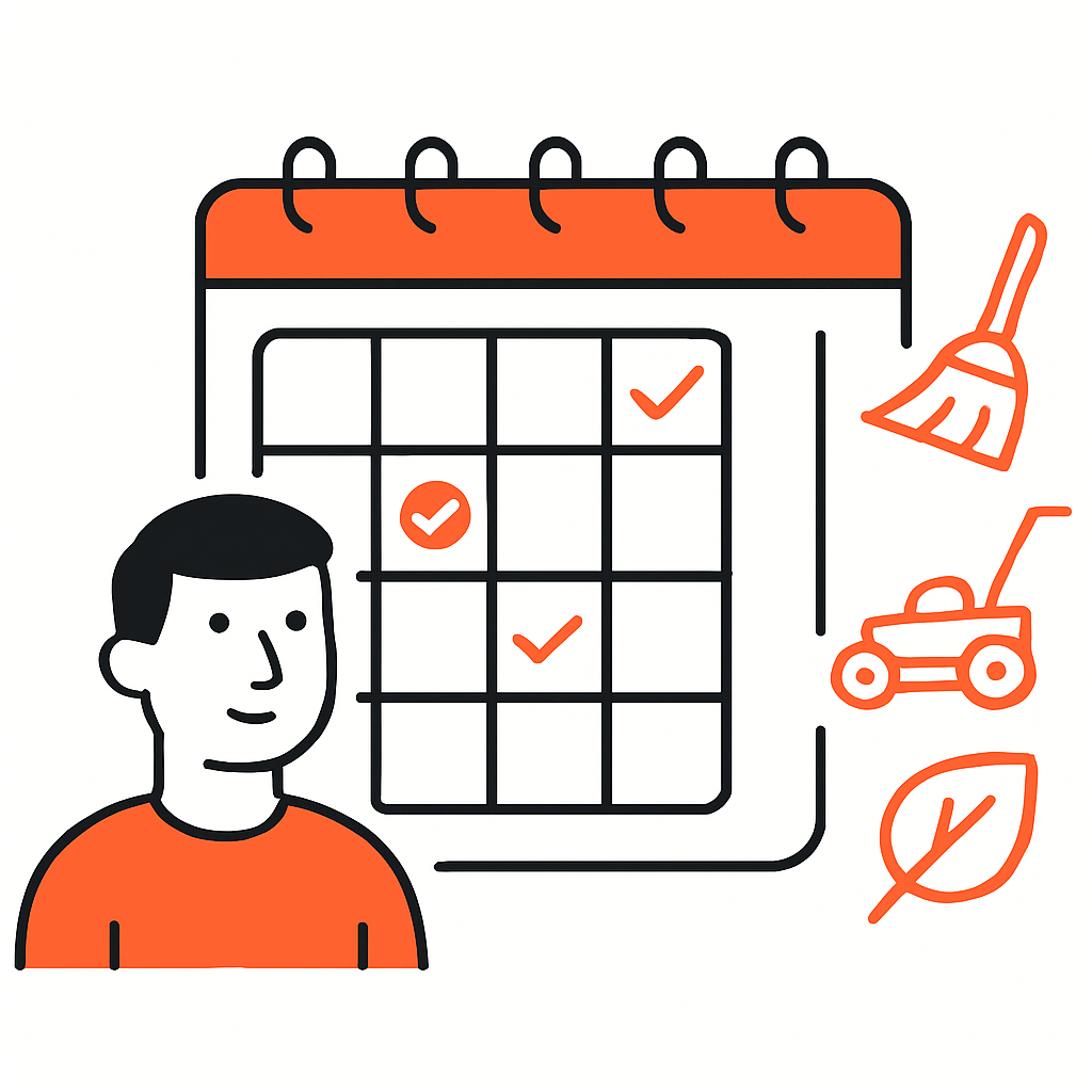 An image depicting various recurring service packages offered by a home-service business, including calendar schedules for cleaning, lawn mowing, and seasonal maintenance with clear descriptions.