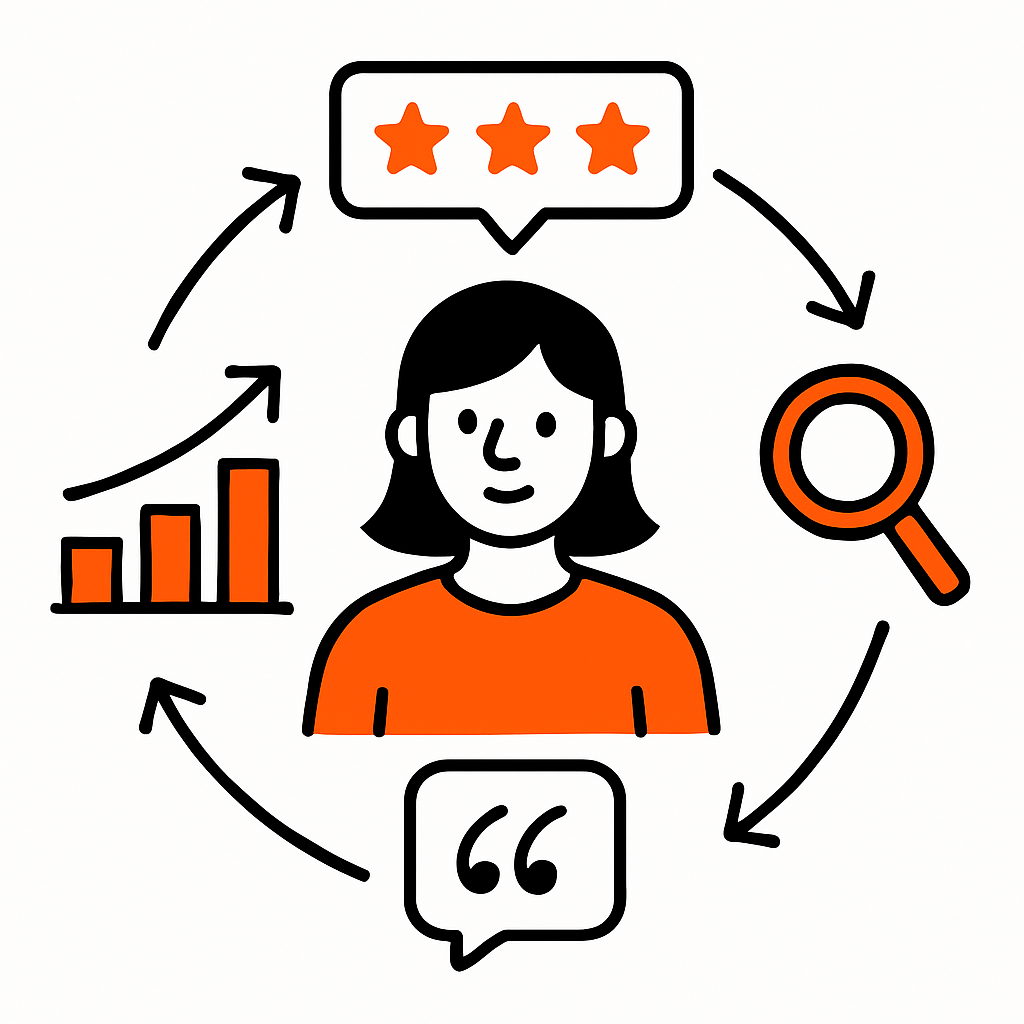 An illustrated growth flywheel showing the 4-step cycle: generating reviews, optimizing for SEO, responding to reviews, and using insights to improve business operations.