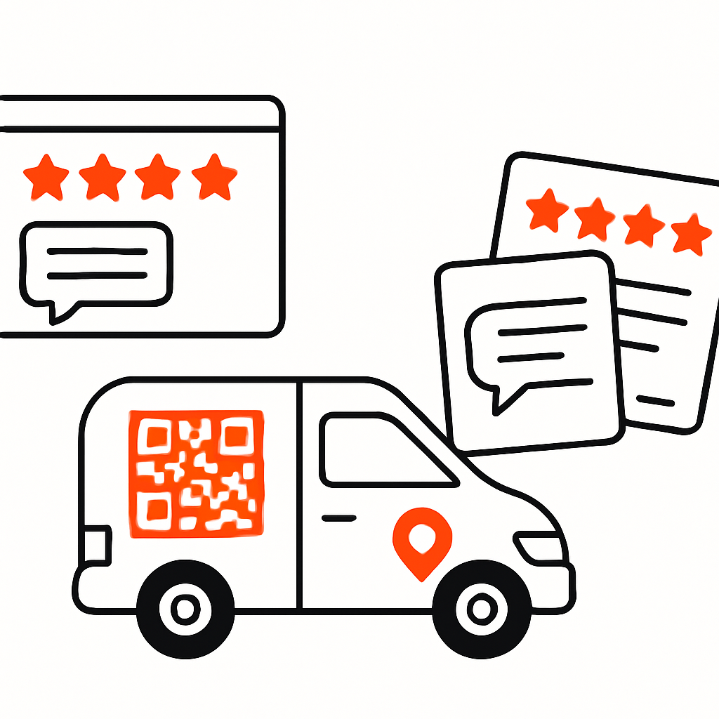 A marketing scene showing different ways reviews are showcased: a website with star ratings and review widgets, a vehicle with a Google Reviews QR code, and printed flyers or business cards.
