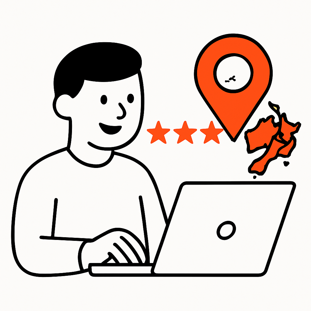 A local service business owner happily reading positive Google Reviews on a laptop, with icons of Google stars and maps highlighting NZ and AU regions in the background.