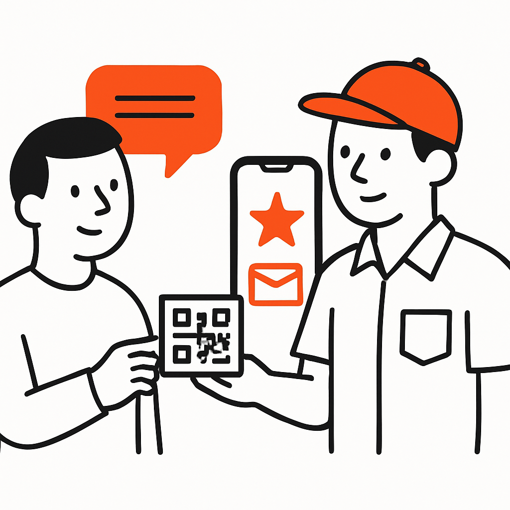 A friendly service technician handing a customer a business card with a QR code, alongside visuals of SMS and email messages prompting a Google Review submission on a smartphone.