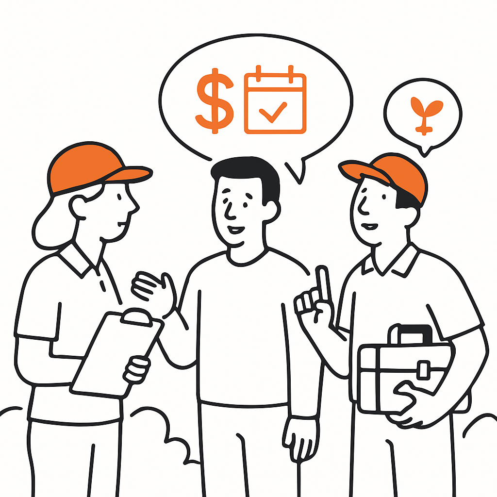 Landscapers offering simple add-on services or discussing recurring service packages on-site