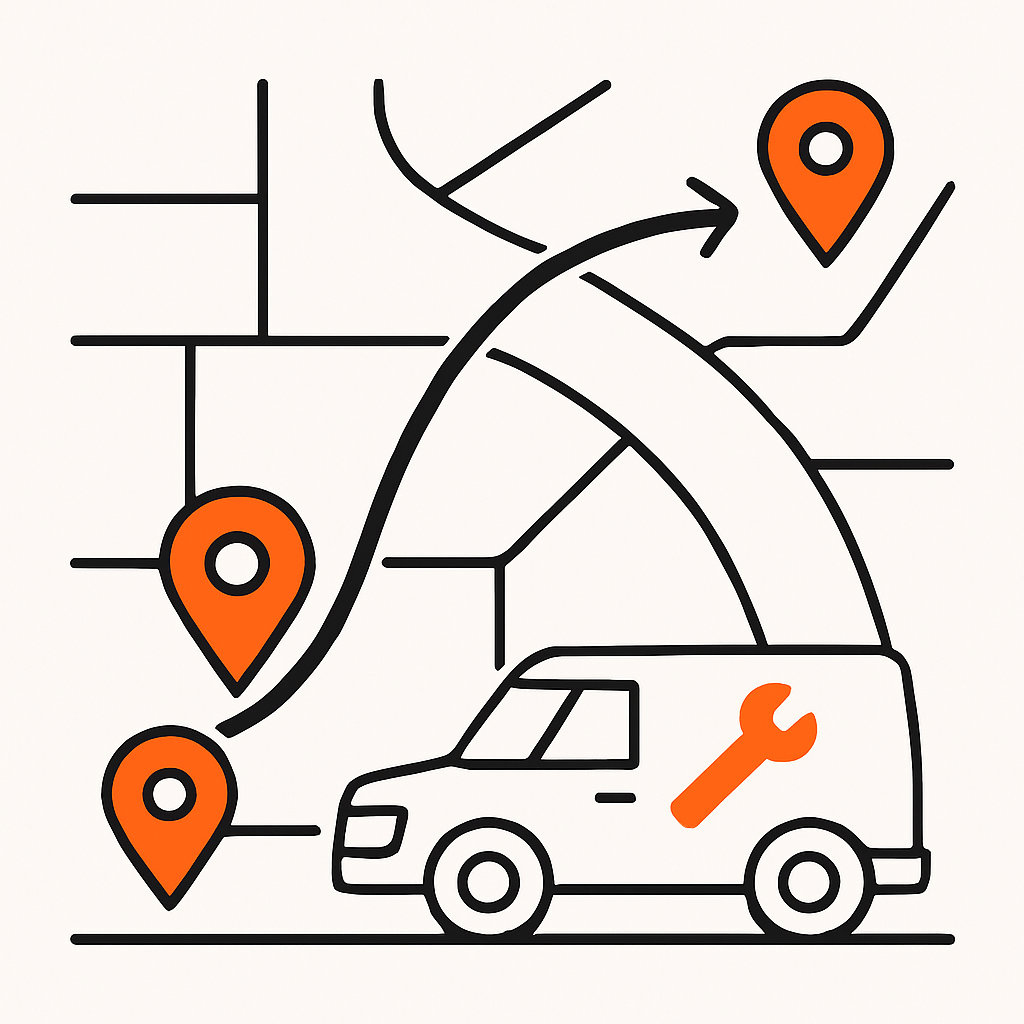 A visual of a service vehicle taking an optimized route on a map with multiple job locations clustered together to save fuel and travel time.