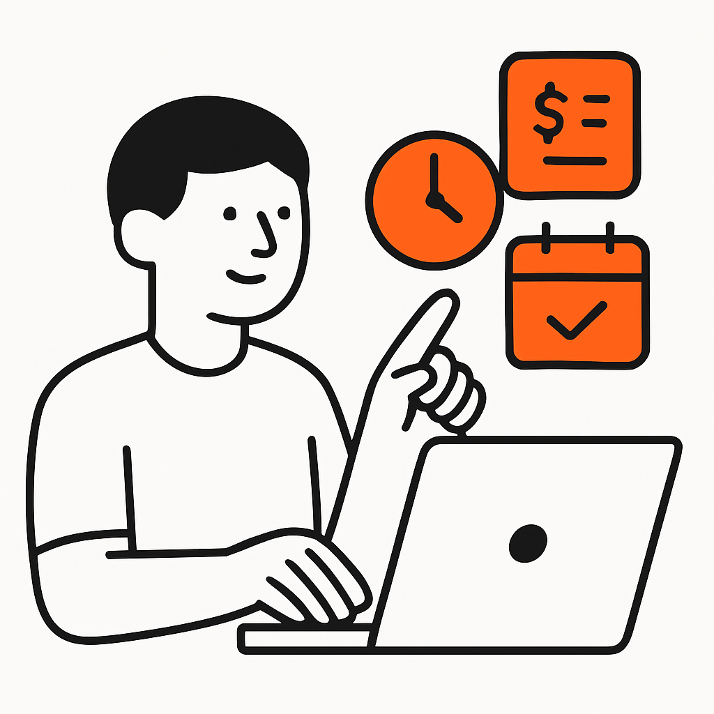 An image depicting automated admin tasks like instant invoicing, digital timesheets, and online booking forms being managed through job management software.