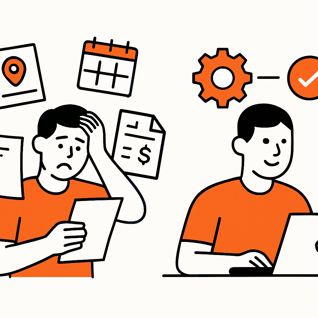 An illustration showing a busy home-service business owner overwhelmed with paperwork and admin tasks like quotes, invoices, and scheduling, contrasted with the same owner relaxed and productive after implementing automation tools.