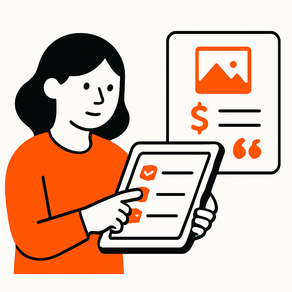 An image depicting the quoting process simplified by technology: showing a user selecting service templates on a tablet or computer, generating instant quotes with photos and pricing, ready to send to customers.