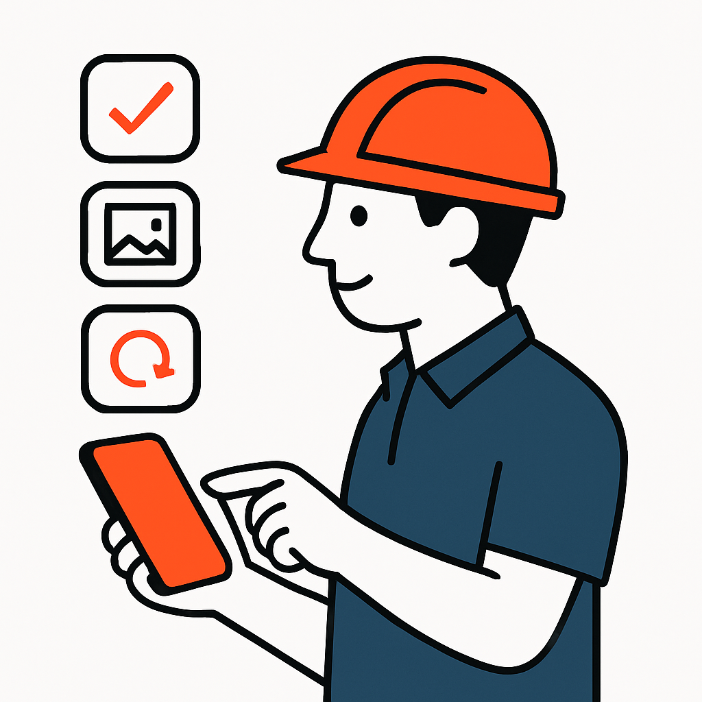 A mobile-friendly job management app in use by a field worker on-site, updating job notes, attaching photos, marking jobs complete, and syncing data back to the central system automatically.
