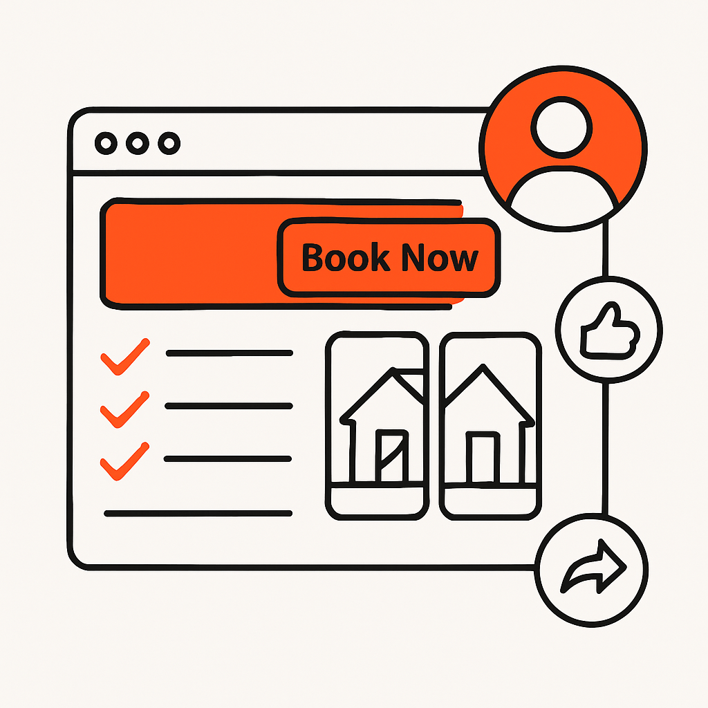 A visual overview of a strong online presence: a well-designed website with clear service listings, a prominent 'Book Now' button, before-and-after photos of completed jobs, and social media elements showing positive customer engagement and referrals