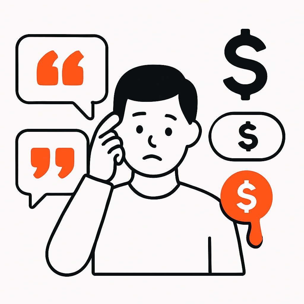 Graphic depicting inconsistent quoting processes: scattered quotes in chats, underquoting and overquoting, and lost profit represented by leaking coins or money slipping away.