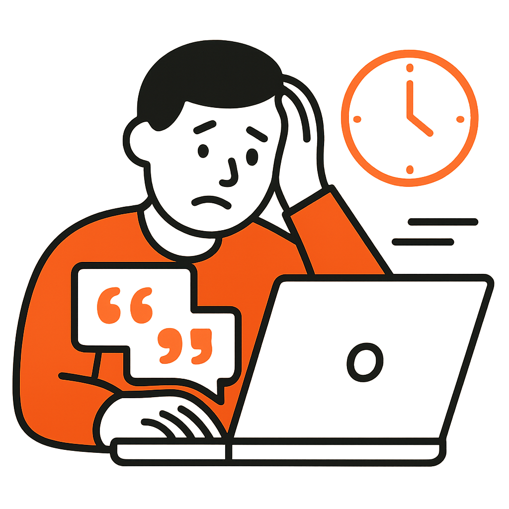An overwhelmed customer comparing multiple service quotes on a laptop with a clock showing time passing quickly.