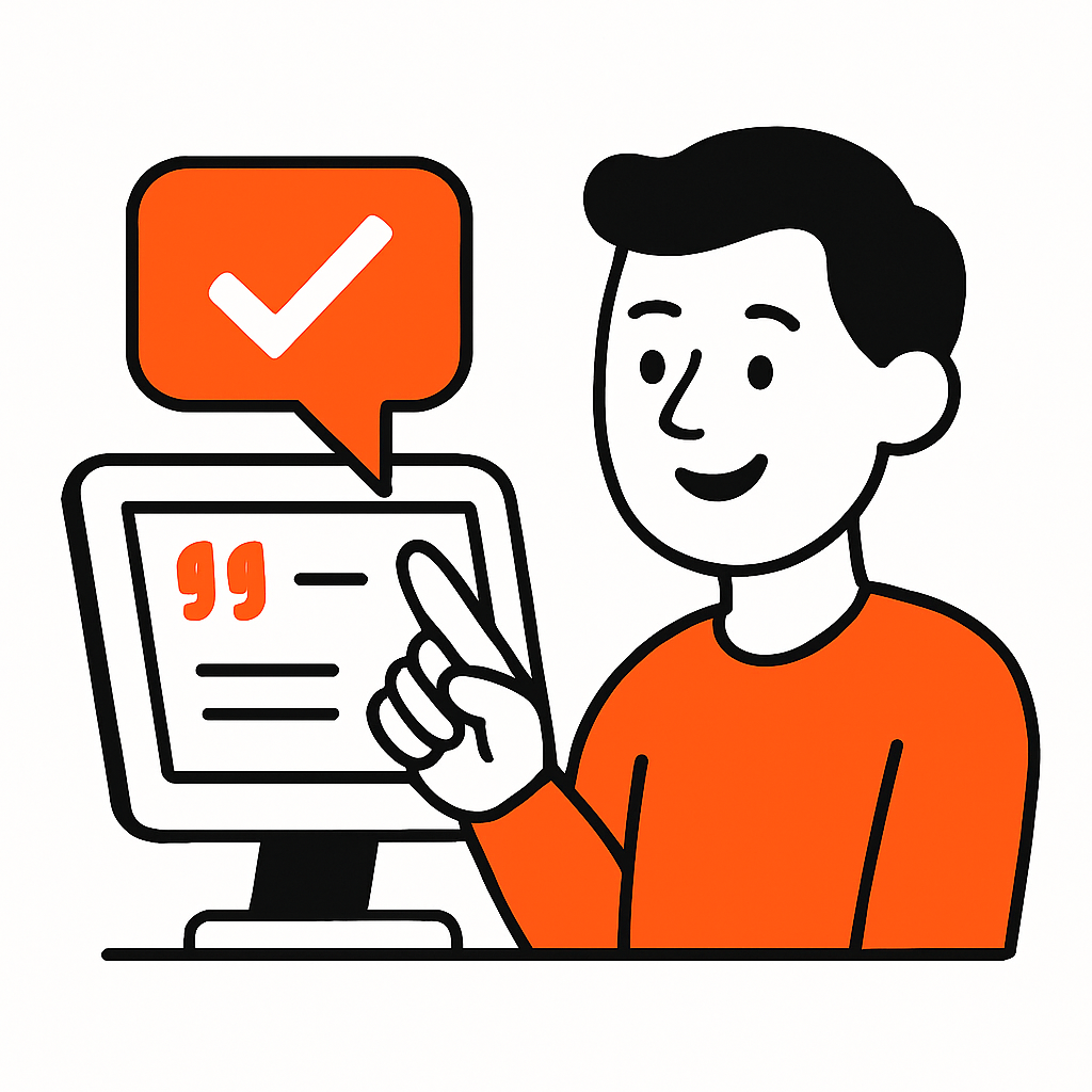 A satisfied customer happily approving a digital quote online with one-click approval on a computer or mobile device.