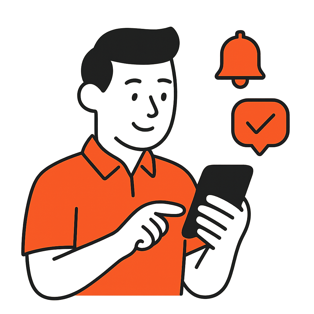 A friendly business owner sending automated follow-up reminders via smartphone, with pleasant notification icons.