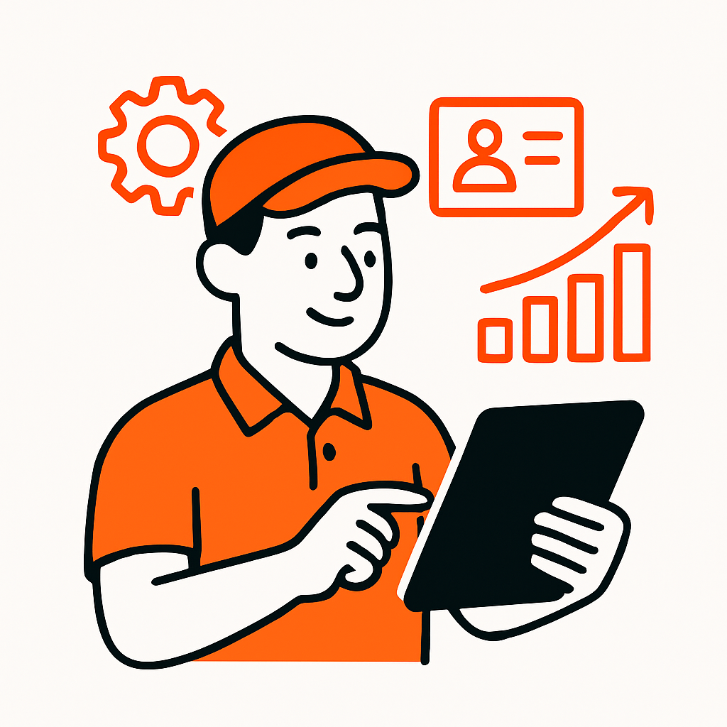 Image showing a home service professional using technology to automate admin tasks, manage customer relationships, and track business metrics on a tablet or computer.