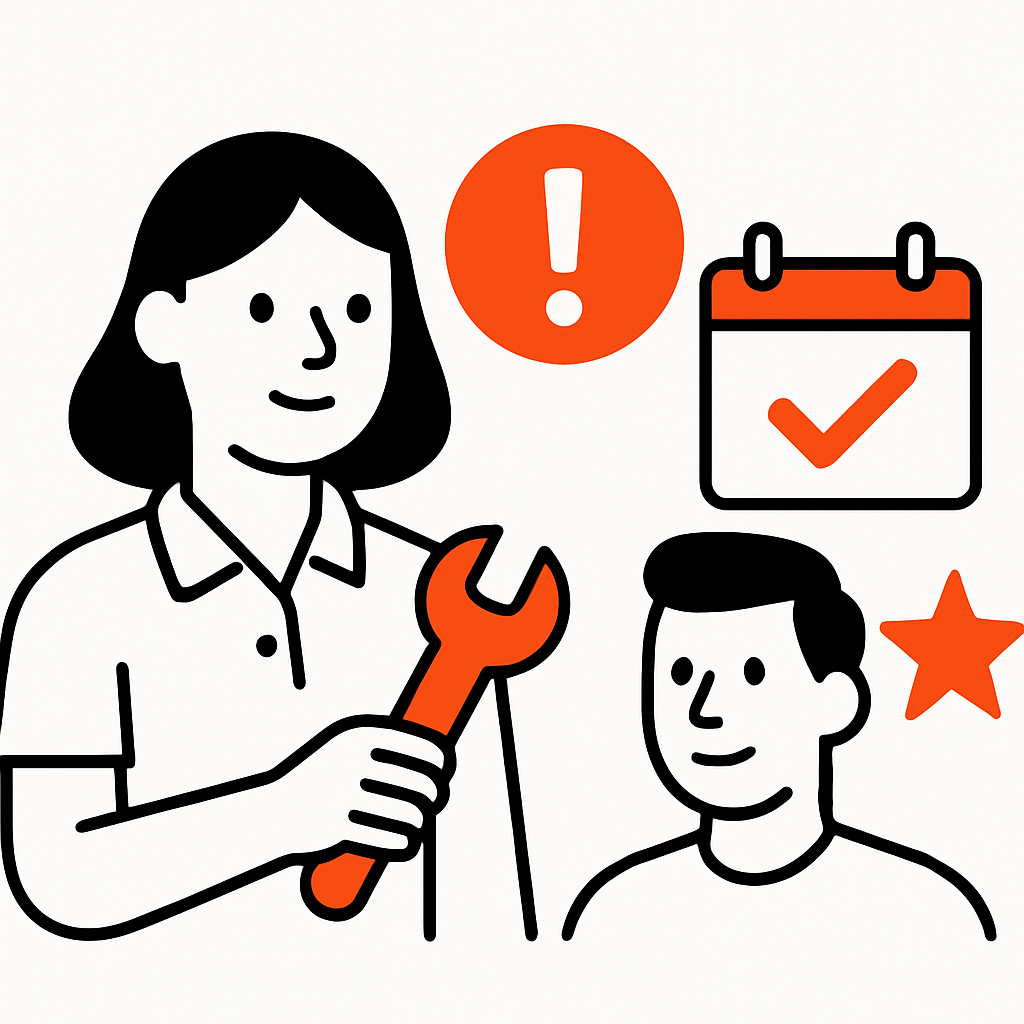 Depiction of a successful home service business focusing on urgent, necessary jobs with satisfied customers making quick decisions and steady demand.