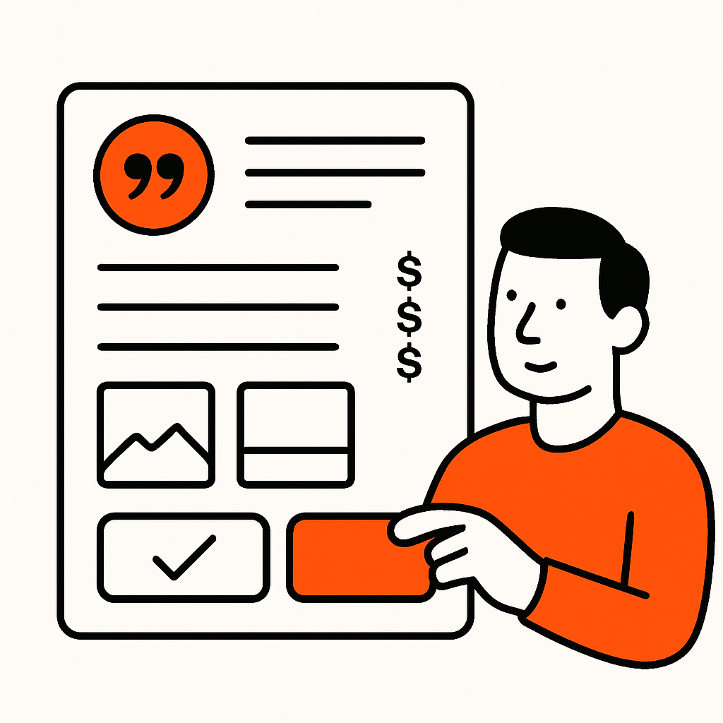 Visual representation of a clear and professional service quote, showing itemized costs, before-and-after photos, and easy approval buttons.