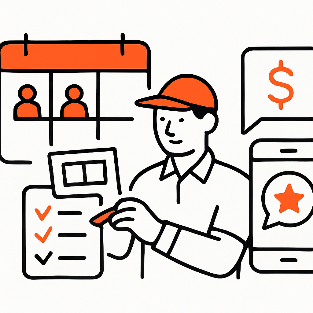 A visual of team scheduling and job completion workflow: a live calendar with staff assignments, technicians performing on-site jobs with checklists and before-and-after photos, plus invoicing and customer review requests via mobile app.