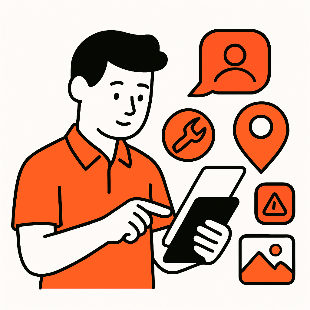 A depiction of the lead qualification and job detail gathering process, including a technician collecting customer info, service type, location, job photos, and urgency level using a mobile device or tablet.