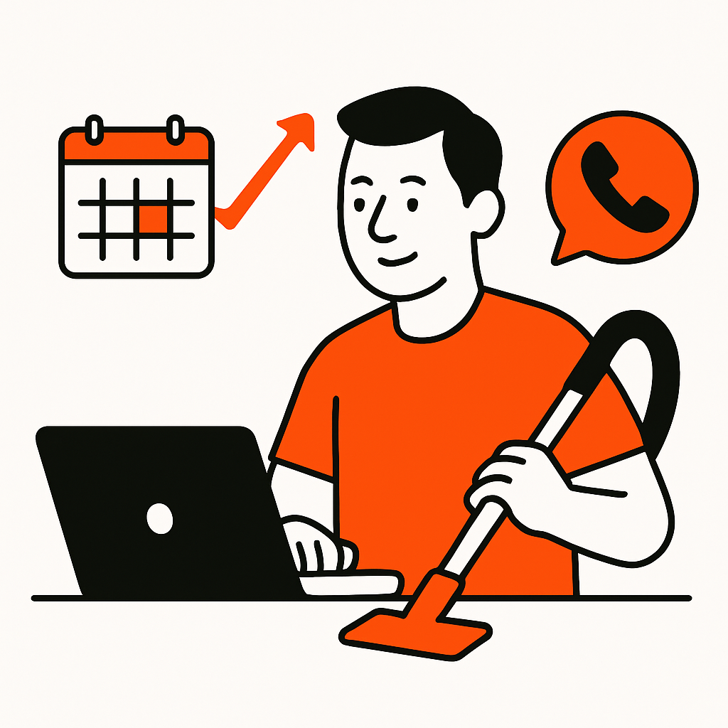 A carpet cleaning business owner managing their operations digitally with job management software on a laptop or tablet, scheduling jobs, managing bookings, and communicating with clients, representing business growth and efficiency.