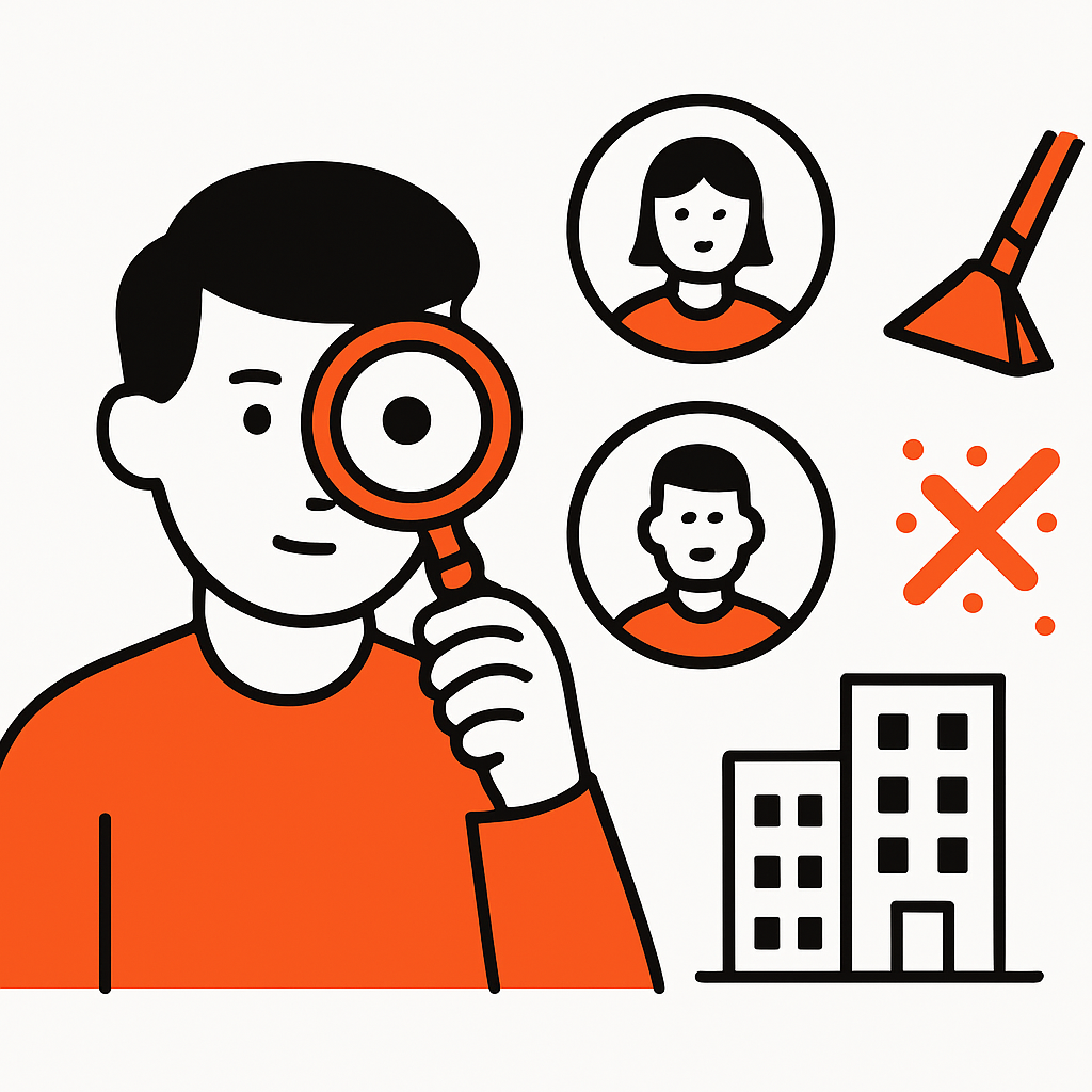 An entrepreneur researching the local carpet cleaning market, with visuals of target customers like homeowners, landlords, and commercial buildings, and icons representing different carpet cleaning services such as steam cleaning and stain removal.