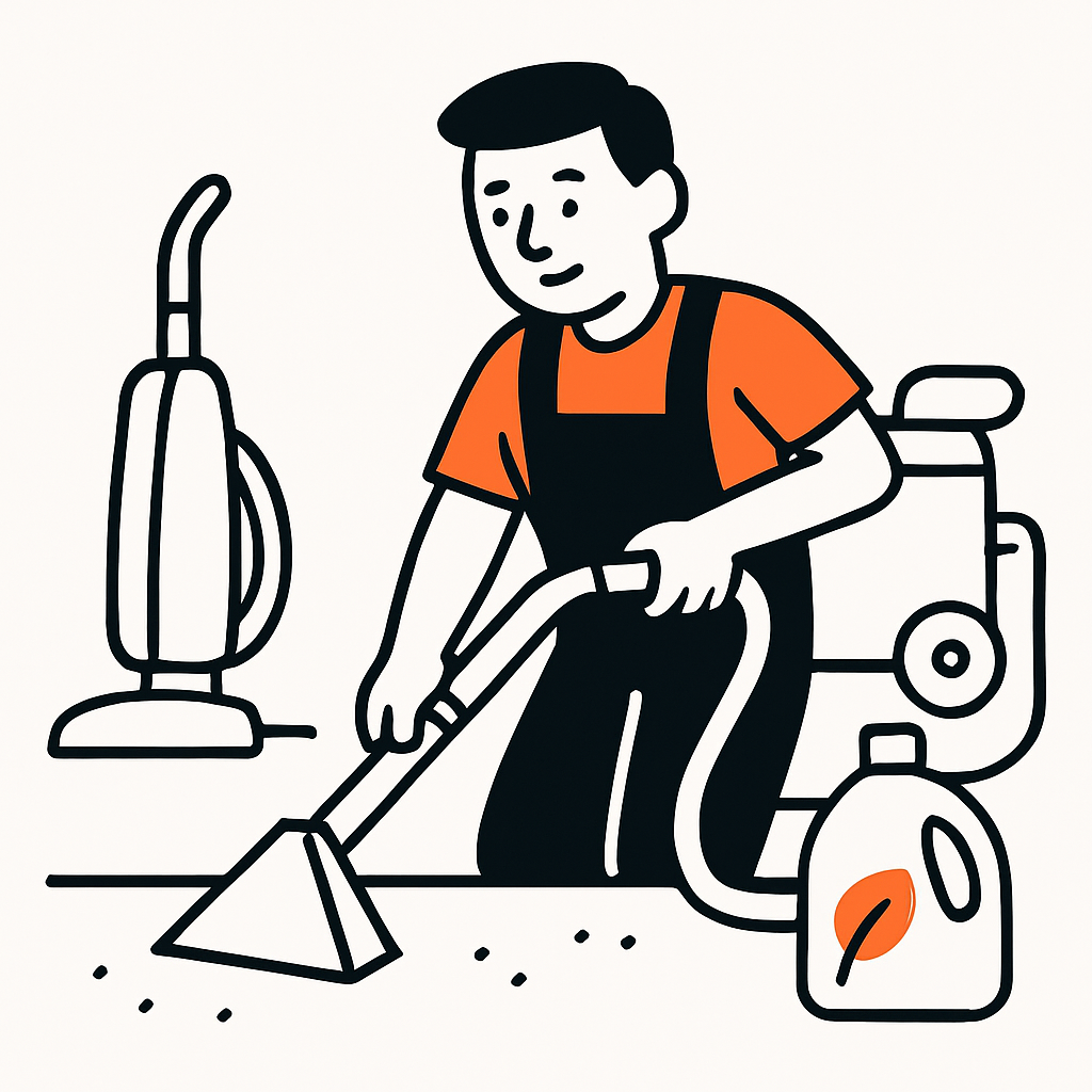 A carpet cleaning professional using various cleaning equipment including a steam cleaner, vacuum, hoses, and eco-friendly cleaning products, actively cleaning a carpet in a residential or commercial setting.