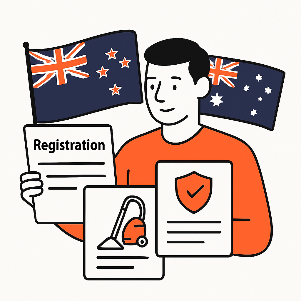 A business owner registering their carpet cleaning company, showing legal documents, business registration forms, and insurance options, set against a backdrop of New Zealand and Australian flags.