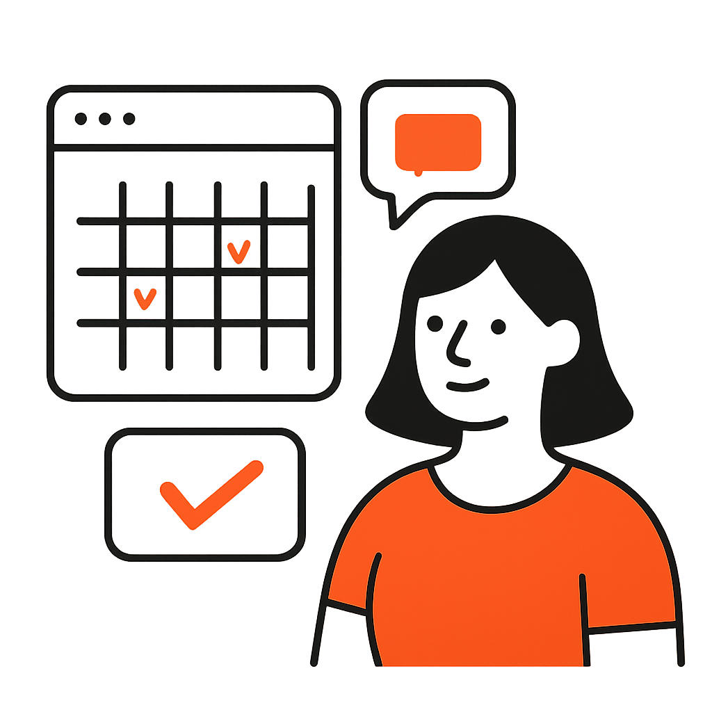 Depiction of a simple and convenient online booking system with calendar slots, SMS reminders, and digital confirmations.
