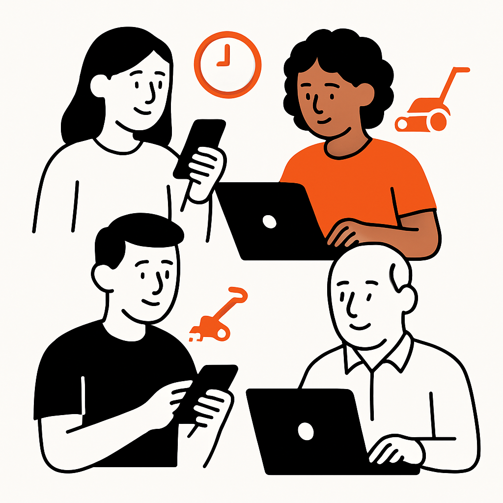 A diverse group of customers booking home services like cleaning, lawn care, and repairs online using smartphones and laptops at various hours, including late at night.