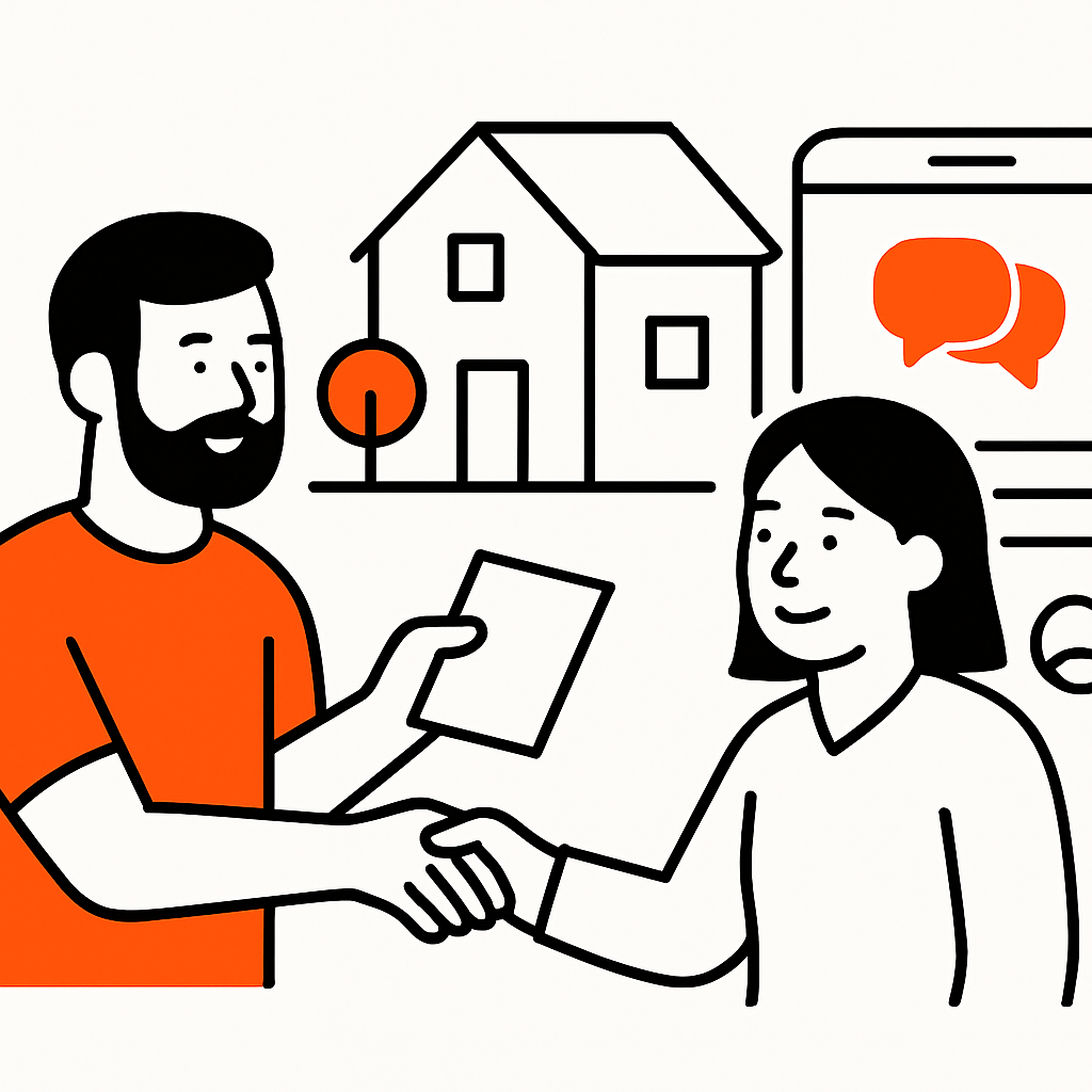 A local neighborhood scene with flyers being handed out, friendly conversations between neighbors, and posts on community Facebook groups on a nearby phone, illustrating the power of local networks and grassroots marketing.