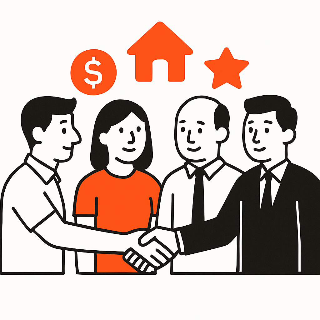 A business owner shaking hands with local partners such as an Airbnb host, property manager, and real estate agent, symbolizing partnerships that lead to multiple cleaning client referrals.