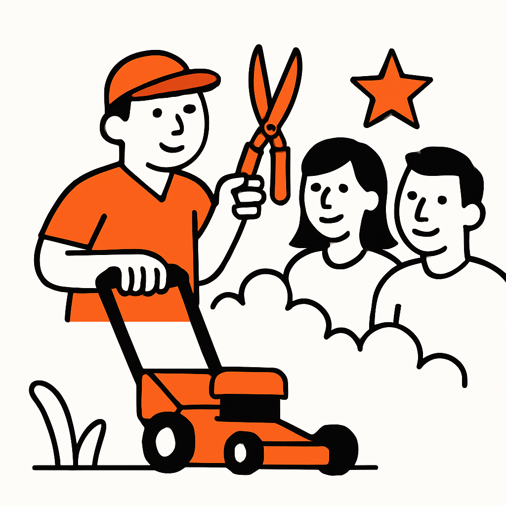 Scene of a lawn care worker actively delivering services: mowing a lawn, trimming hedges, and interacting positively with happy customers to represent excellent service and customer relationships