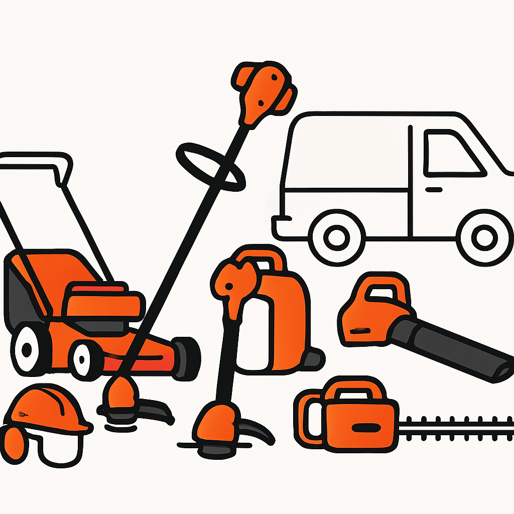 Image showcasing essential lawn care equipment including a mower, line trimmer, leaf blower, hedge trimmer, and protective gear arranged neatly with a trailer or van in the background