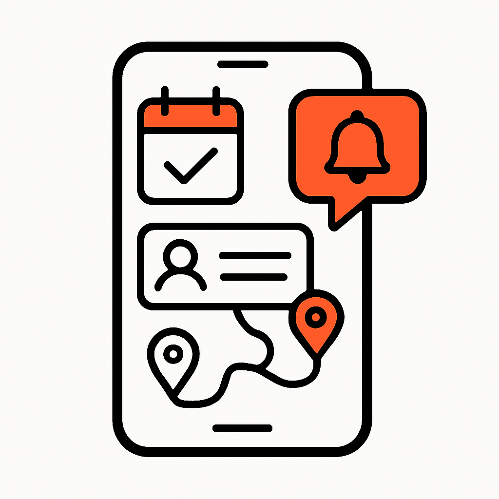 Visual representation of a digital scheduling and job management system on a smartphone or tablet, displaying features like calendar, client list, route optimization, and automated reminders