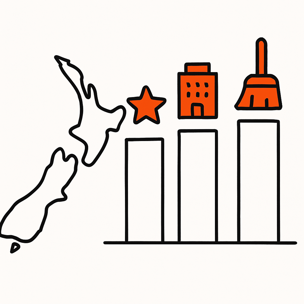 Visual comparison chart showing different cleaning service rates across New Zealand cities for residential, commercial, and end-of-tenancy cleaning.
