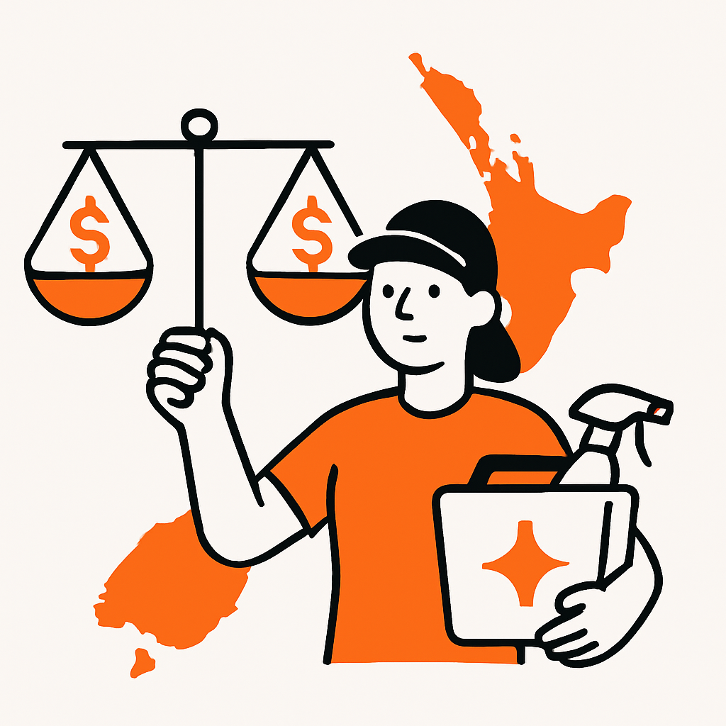 Illustration of a cleaning professional balancing pricing scales over a map of New Zealand, representing the challenge of setting competitive cleaning service prices.