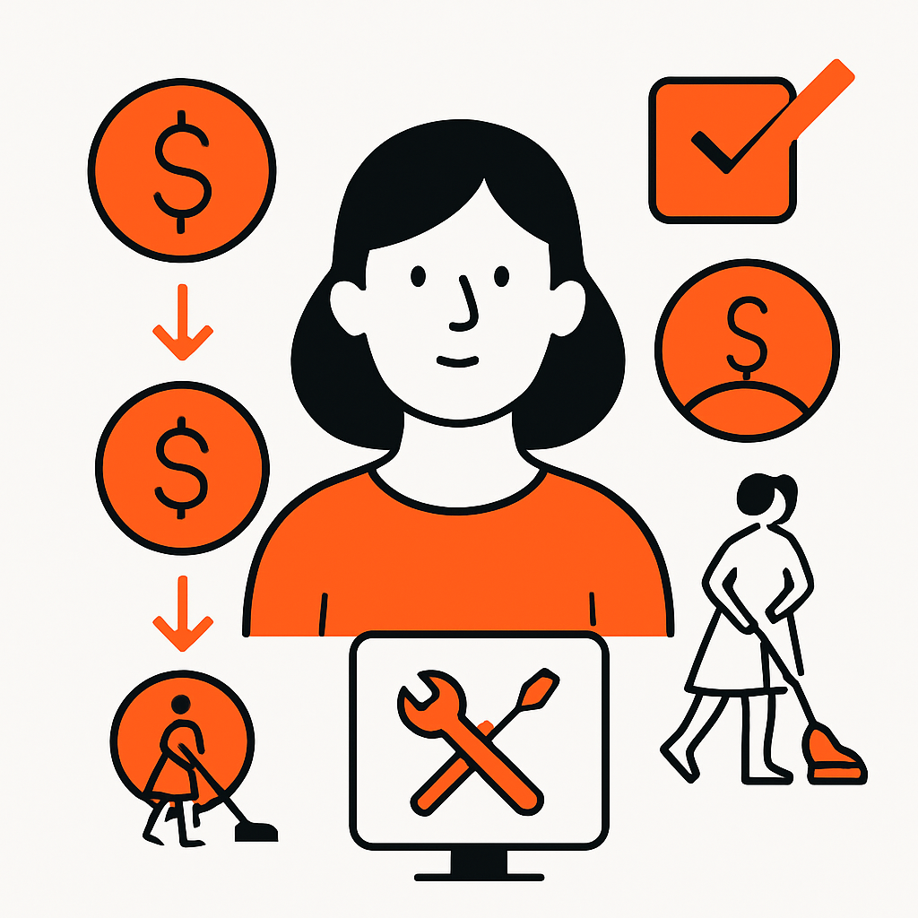 Diagram showing pricing strategies for cleaning businesses: hourly vs fixed-price models, profit margin calculation, and use of job management software for efficient quoting and scheduling.
