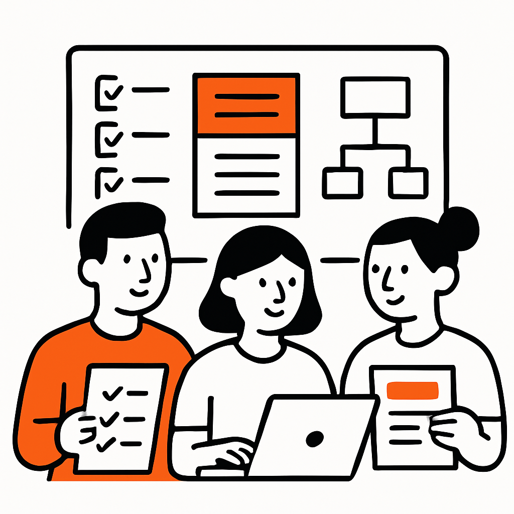 A team training session or meeting where employees are learning and working together, with checklists, SOP documents, and screens showing processes, emphasizing team consistency and culture.