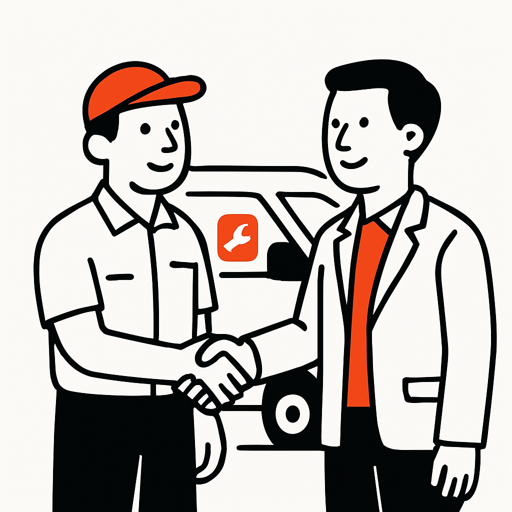 Professional home service worker shaking hands with a local business partner, with a clean uniform and branded vehicle in the background, symbolizing partnership and building referrals.