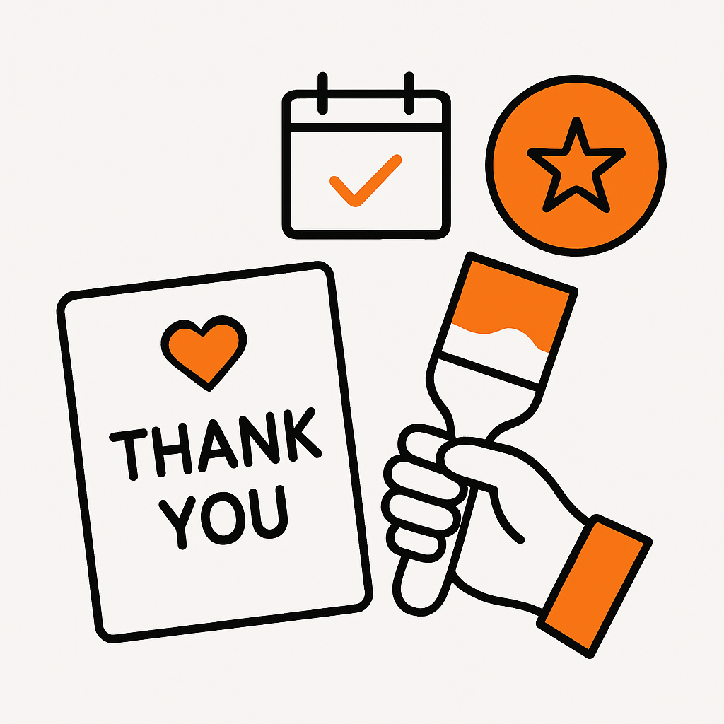 A thoughtful gesture scene with value-added extras like a handwritten thank-you note, a complimentary touch-up service, and priority booking perks.