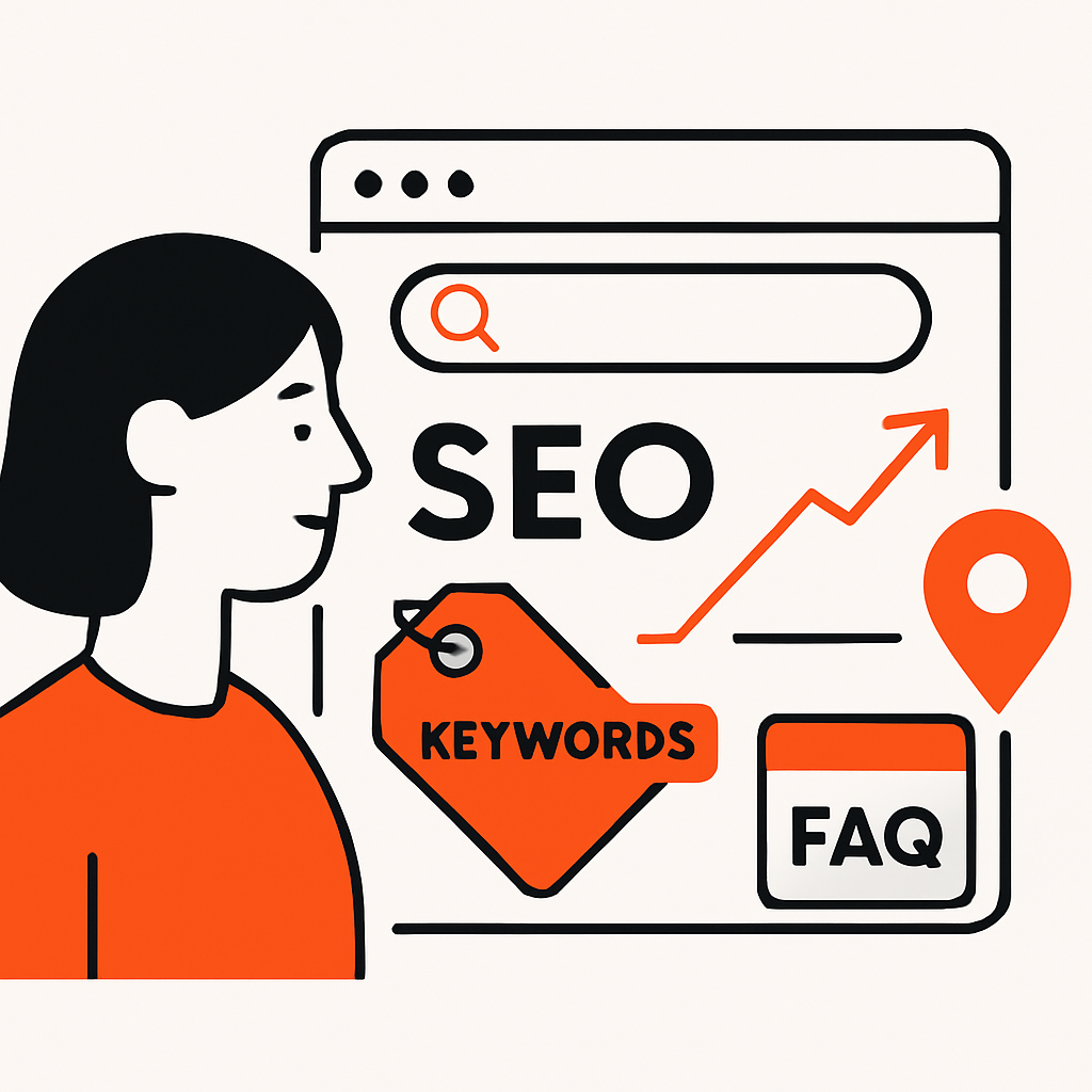 Visual representation of SEO for a home service website, featuring keywords, search rankings, and website elements like content and FAQs attracting leads.