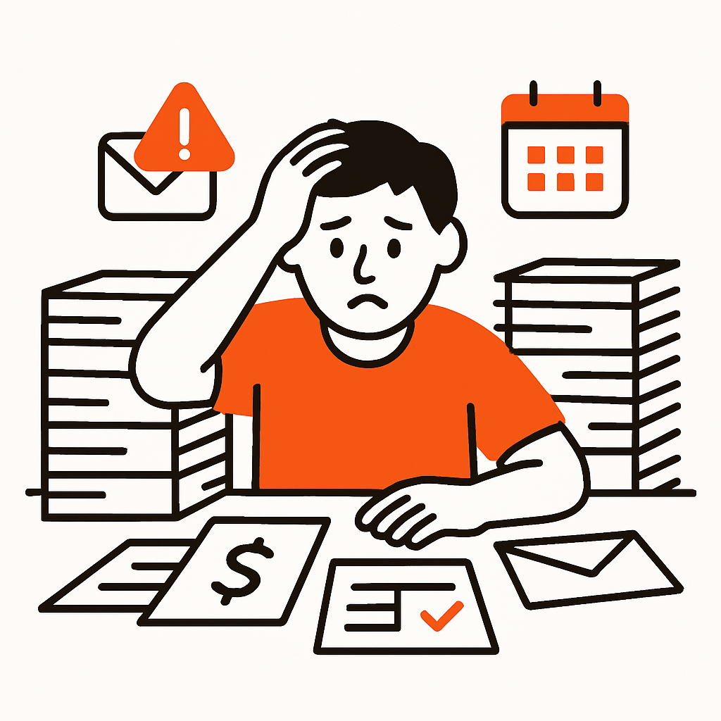 An overwhelmed home-service business owner surrounded by piles of paperwork, a cluttered desk with invoices, schedules, and emails, illustrating the hidden admin work draining time and profits.