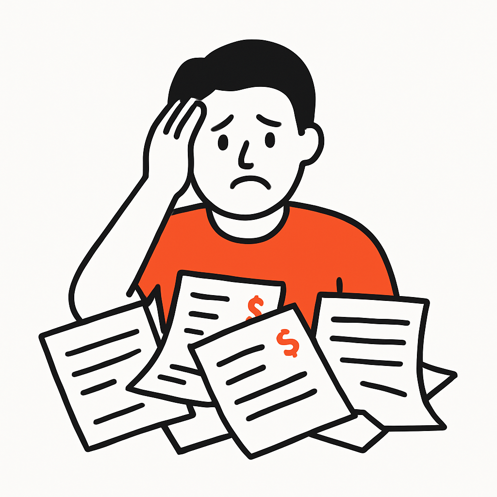 An overwhelmed home service business owner surrounded by a pile of manual invoices, looking stressed after a long day of work.