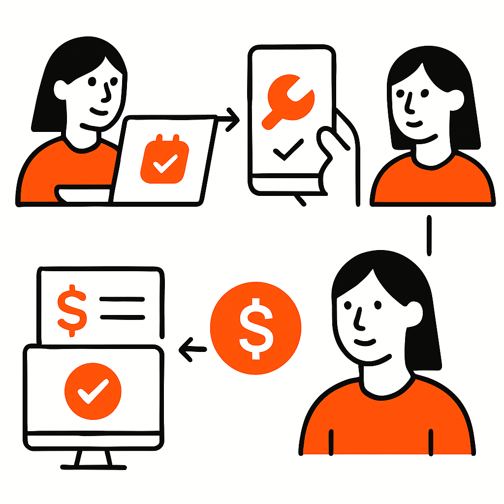 A step-by-step workflow illustration: customer books online and pays deposit, job gets completed and marked done via mobile app, invoice auto-generated and sent, client pays online, payment syncs with accounting software.