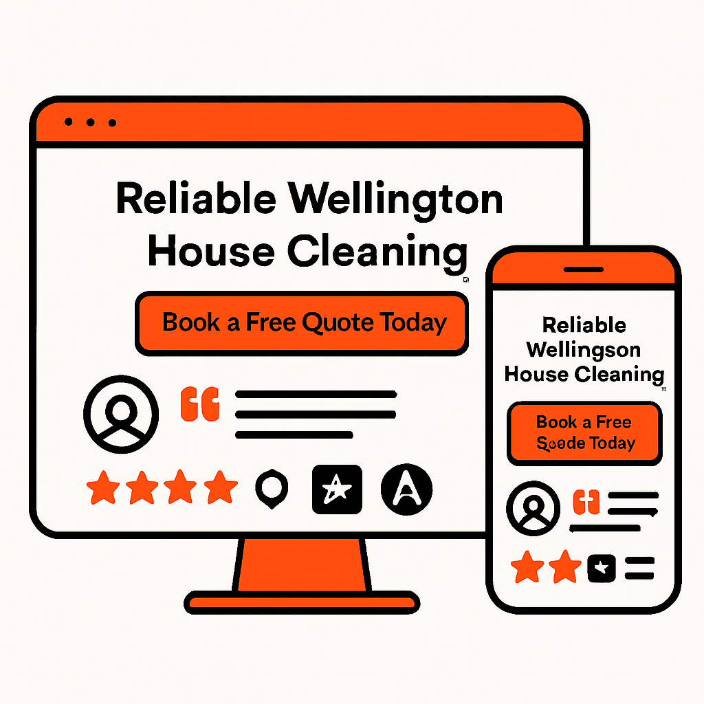 An illustration of a home-service business website homepage on a computer and mobile screen, clearly showing a strong value proposition with a headline like 'Reliable Wellington House Cleaning — Book a Free Quote Today', prominent trust signals such as customer testimonials, ratings, and local business logos near the top.