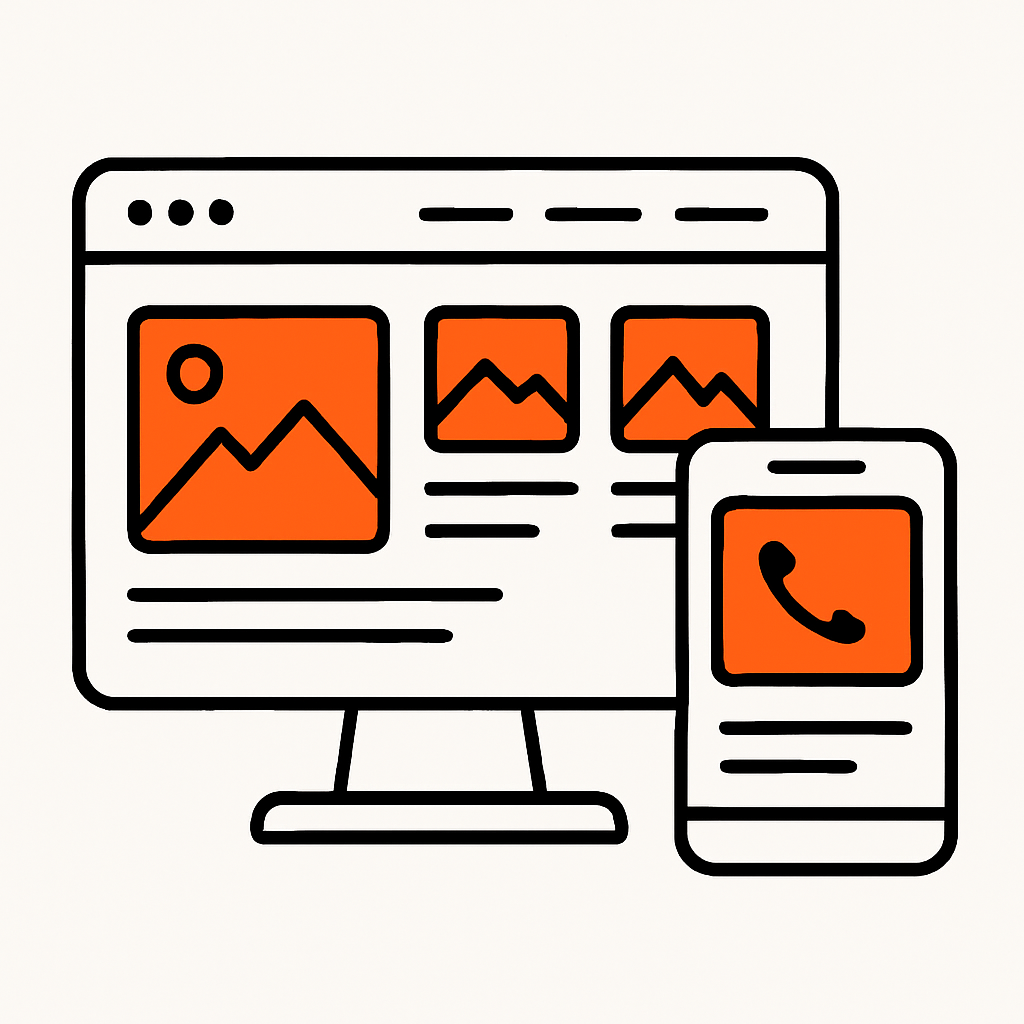 A visual representation of a fast-loading, easy-to-navigate website user interface on desktop and mobile devices, featuring compressed images, simple navigation menus, and a visible click-to-call button on mobile.