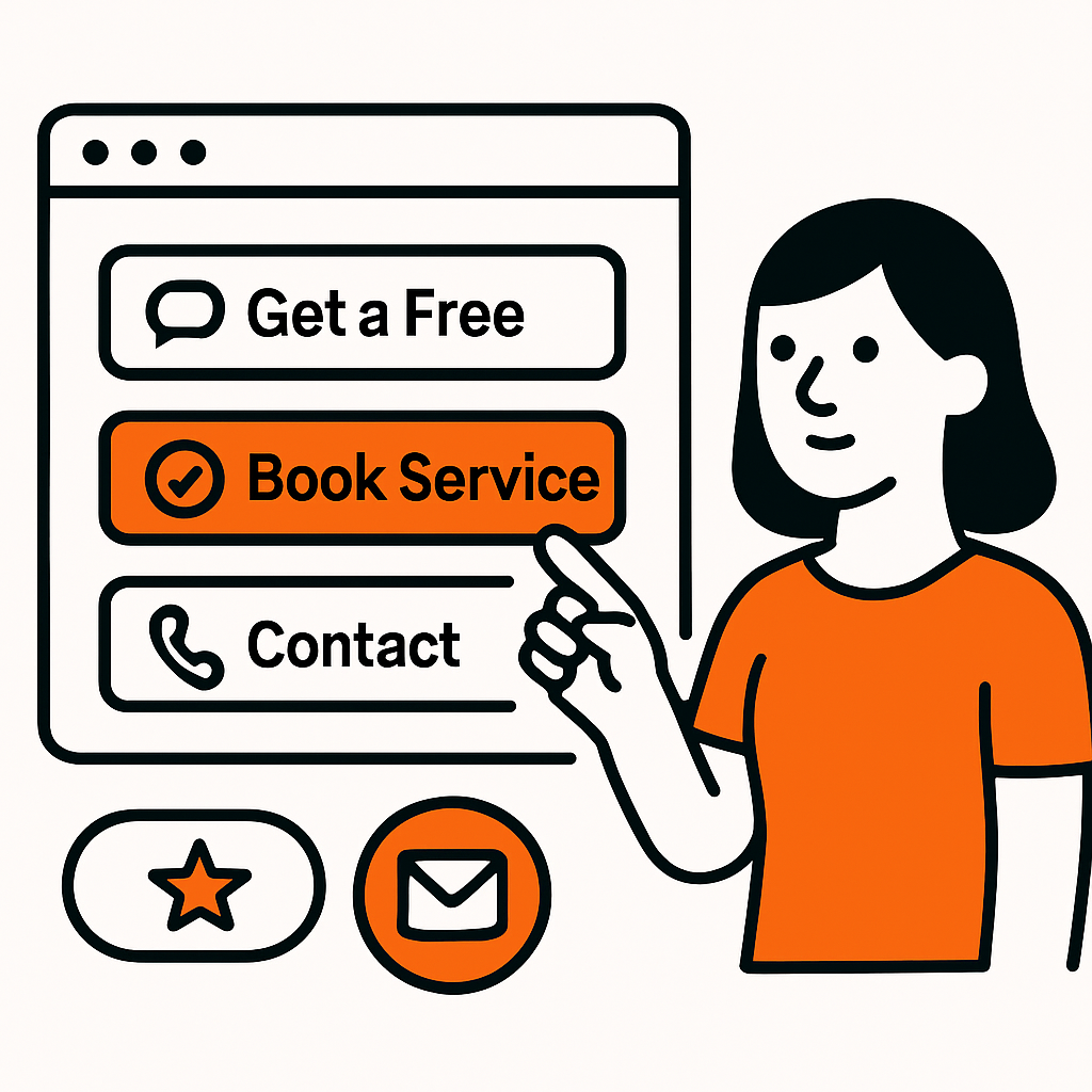 Graphics showing clear and strong calls to action (CTAs) on a website such as 'Get a Free Quote', 'Book Your Service', and 'Request a Call Back', along with multiple engagement touchpoints like buttons, links, and newsletter signups.