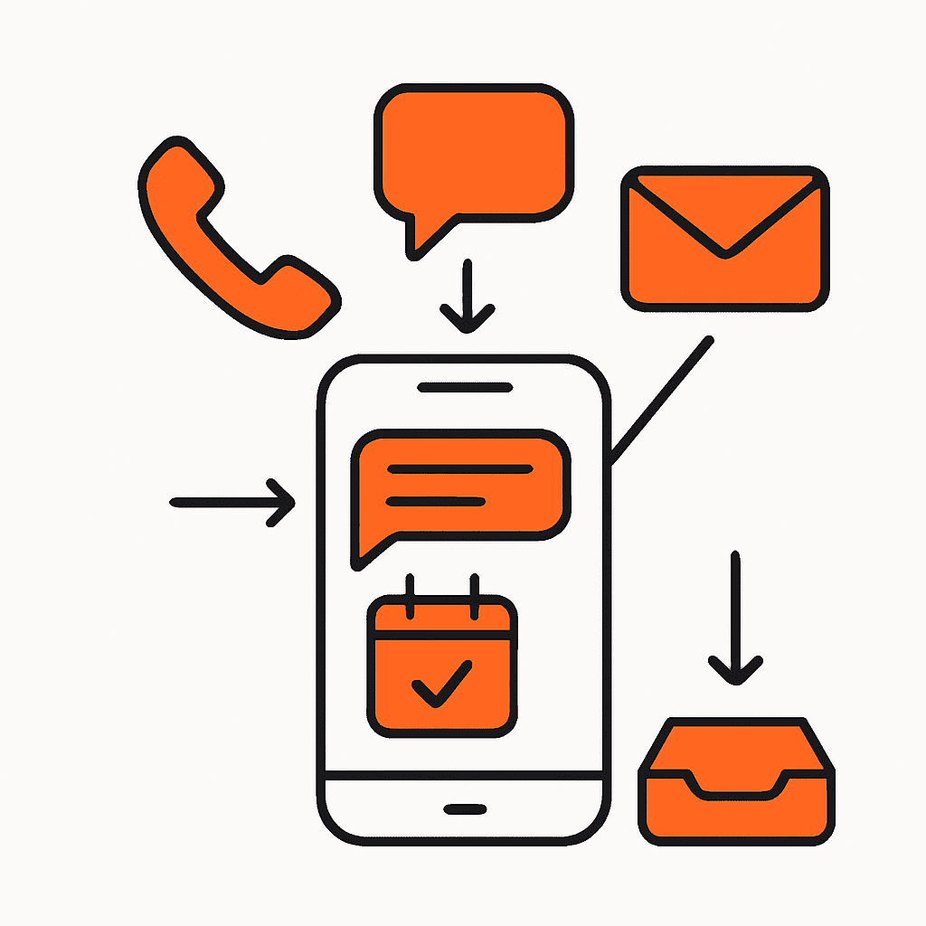 A depiction of automated systems responding to new leads: a smartphone screen showing automated SMS replies, online booking interfaces, and call routing features with multiple communication channels converging into one central inbox.