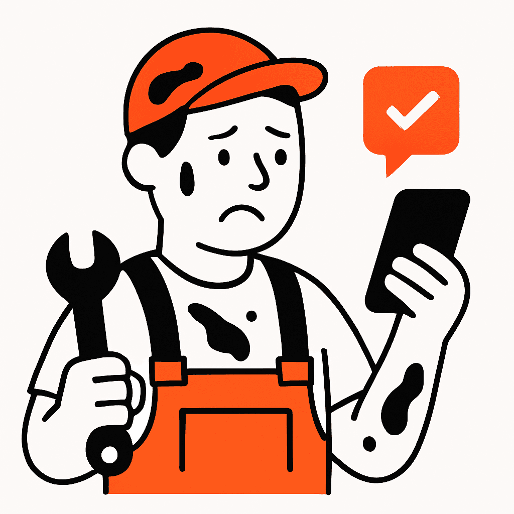 A busy home-service professional covered in paint or grease, working on a job site, glancing at a phone notification with a concerned expression, illustrating the challenge of responding to new leads while on the tools.