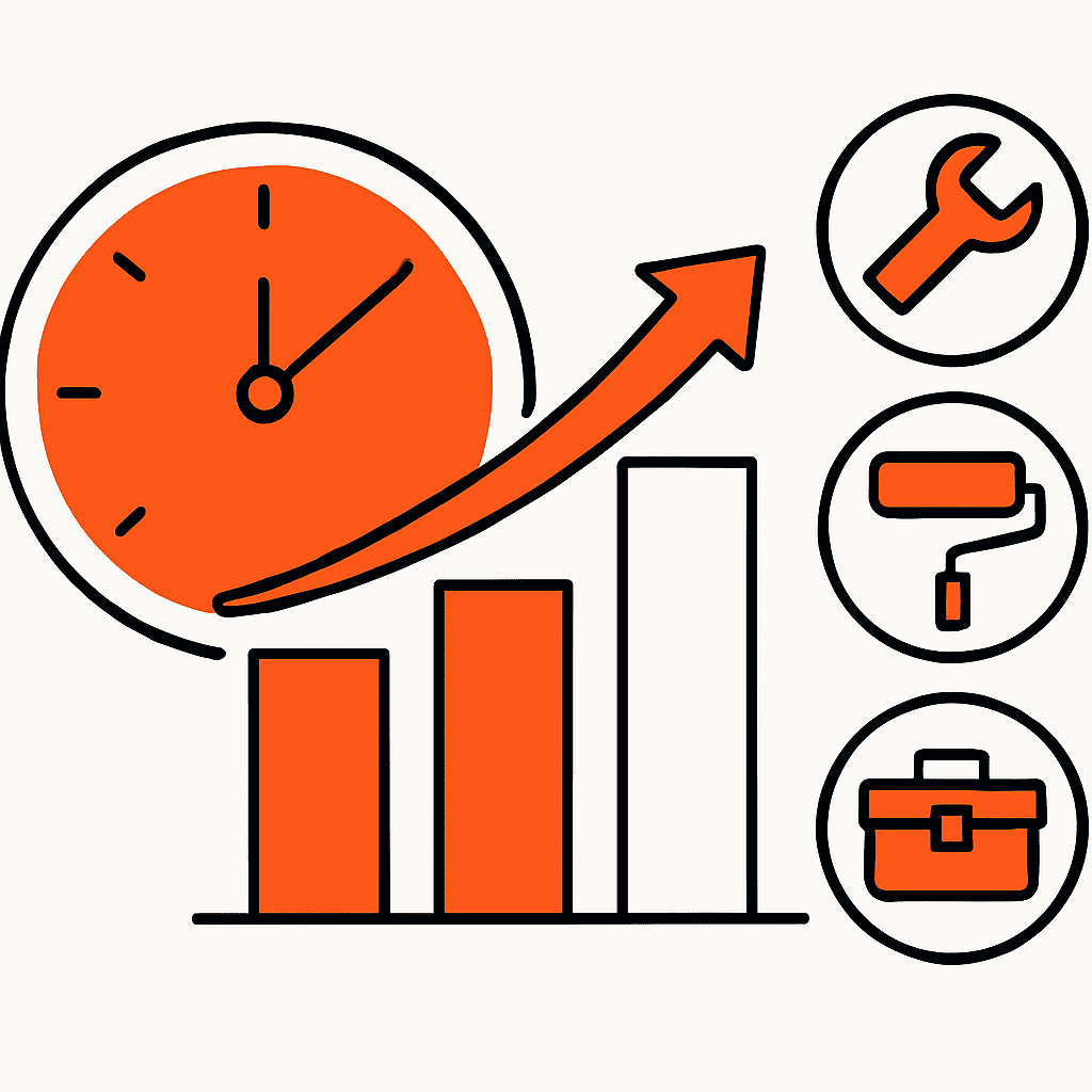 An infographic-style image showing the importance of fast lead response: a clock showing 5 minutes, a chart comparing conversion rates for fast vs. slow replies, and icons representing different home-service tasks.
