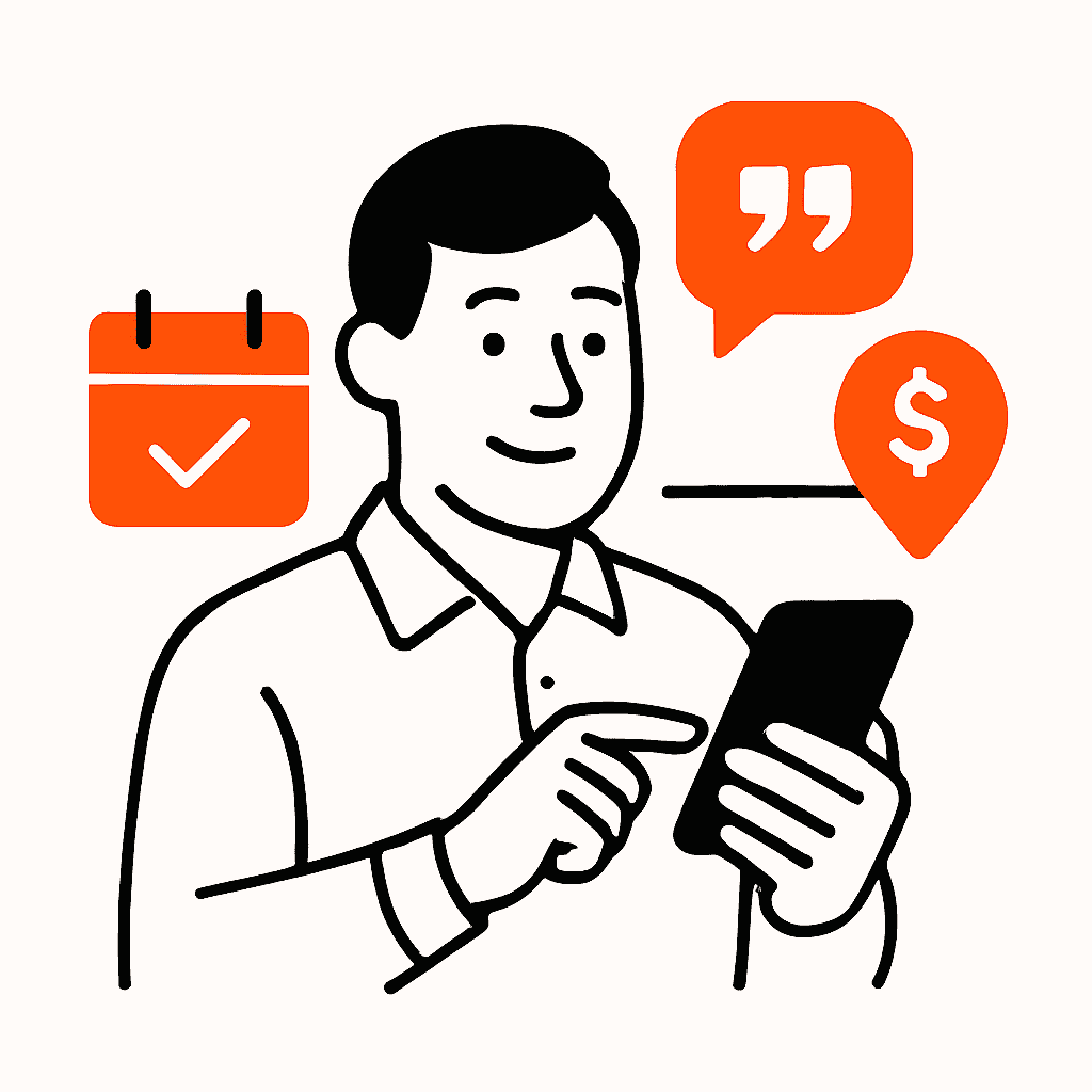 A business owner smiling while using job management software or an app on their phone, with illustrations of scheduling, quoting, and lead follow-up automation in the background, emphasizing efficient workflow and staying focused on the job.