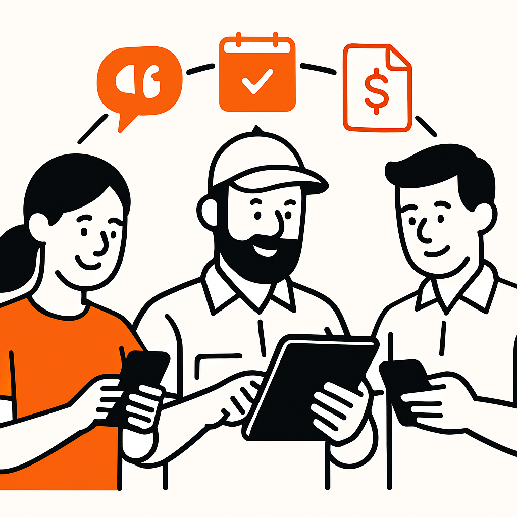 A modern home-service team happily using job management software on phones and tablets, showcasing automation and integration of quoting, scheduling, invoicing, and client communication for increased efficiency.